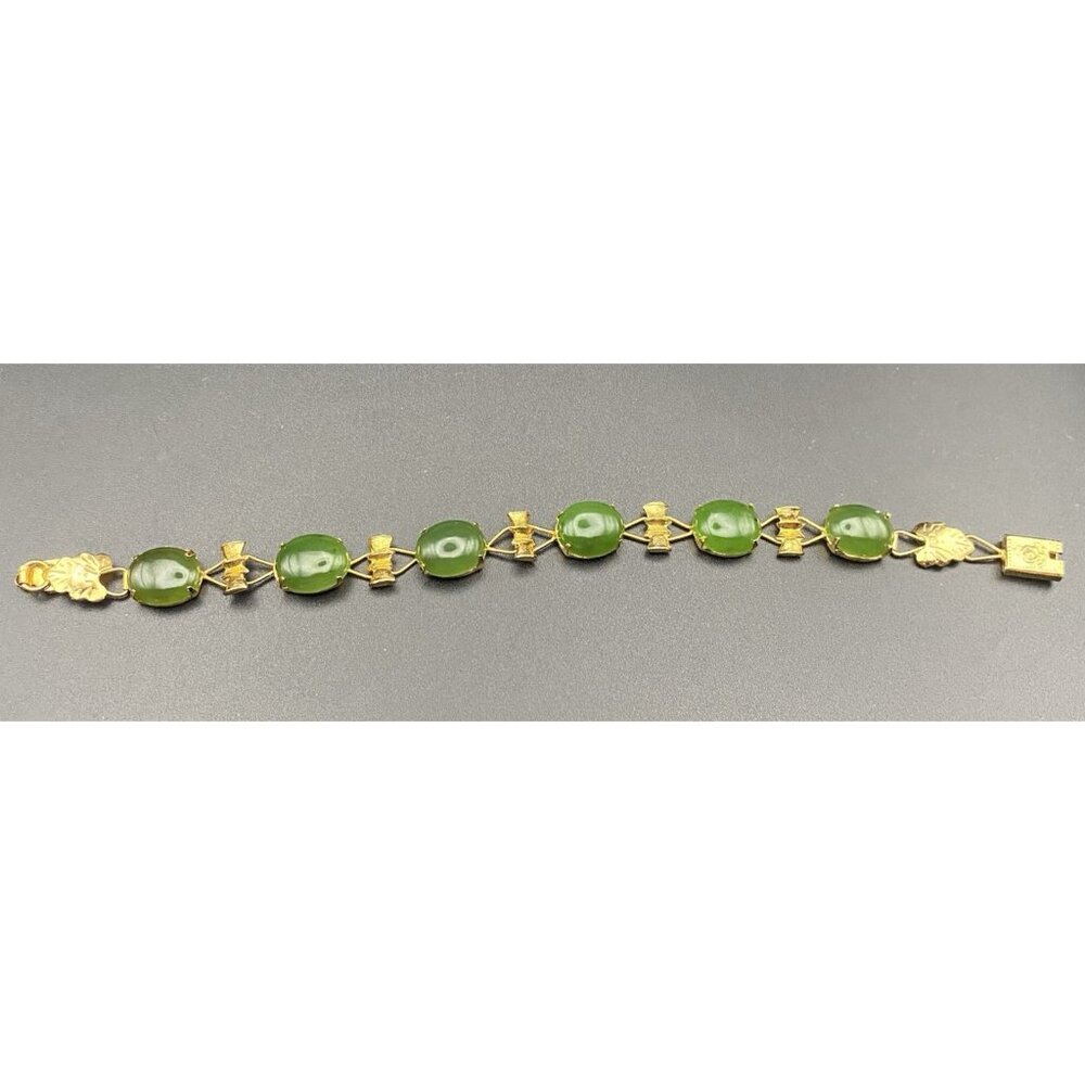 Vtg Green Jadeite Bracelet Gold Plated Bamboo Accent Floral Box Clasp 7" UV Test - Picture 10 of 16